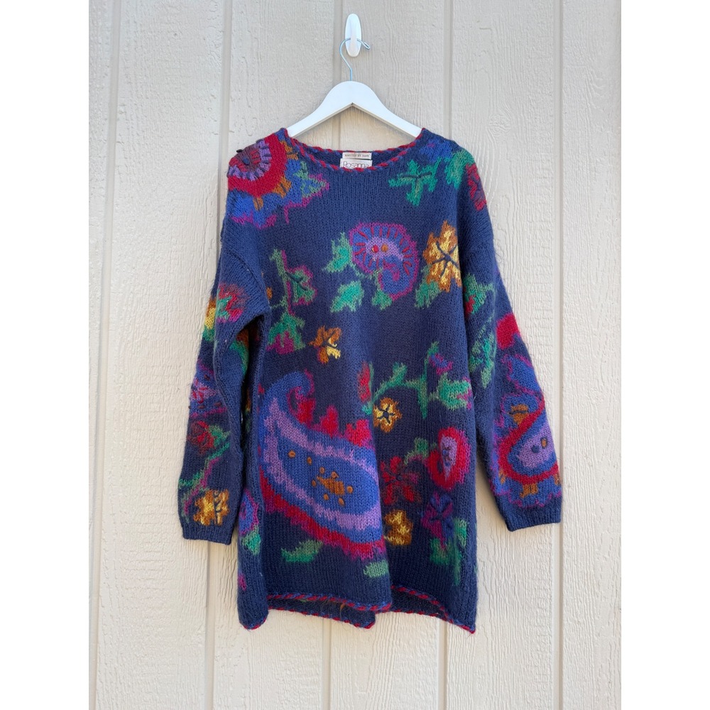 Rosanna Large Sweater Vintage Mohair Paisley Floral Hand Knitted Navy